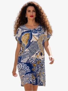 Orientique Naturally Australia Wyndham Shift Dress Blue Yellow Floral Size S